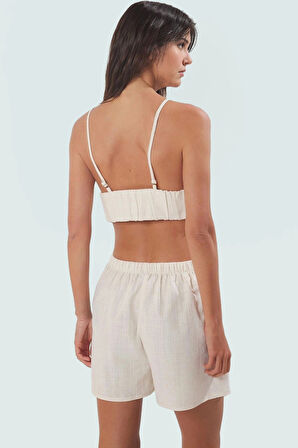 Ponpon Detaylı Keten Görünümlü Pamuklu Plaj Takımı Profesyonel Görünüm