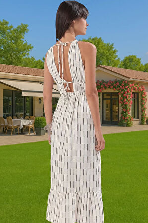 Yazlık Müslin Pamuk Maxi Elbise V Yaka Çizgili Desen Kaliteli İşçilik Yüksek Kalite Kaliteli İşçilik