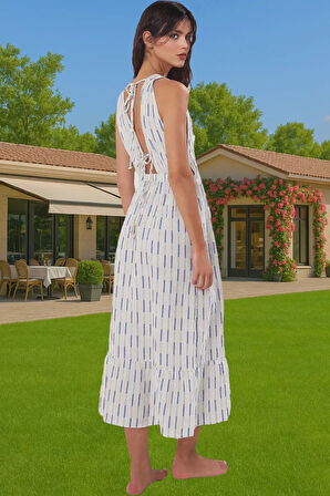 Yazlık Müslin Pamuk Maxi Elbise V Yaka Çizgili Desen Kaliteli İşçilik Yüksek Kalite Kaliteli İşçilik