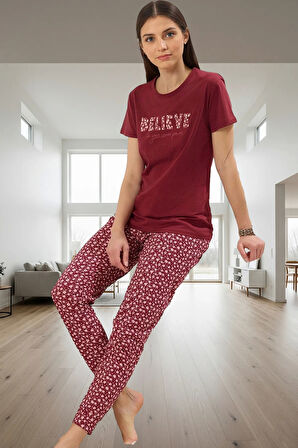 Pamuk Örme Pijama Takımı Çiçek Desenli Rahat Kalıp Evde Konfor Günlük Kullanım İçin