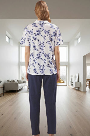 Örme Pamuklu Pijama Takımı Şık Çiçek Desen 2'li Set Yüksek Kalite Rahat Ve