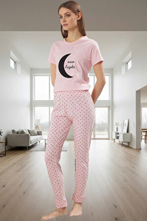 Örme Pamuklu Pijama Takımı; Bisiklet Yaka Galaksi Baskı 2'li Kaliteli İşçilik