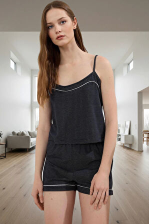 İnce Askılı Çizgili Pijama Atlet Şort Takımı Yaz İçin Nefes Alabilir Örme Kumaş