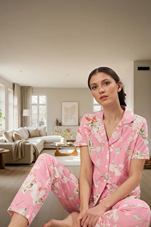 2'li Homewear Pamuklu Örme Pijama Takımı Çiçekli Desen Regular Kalıp Şık Görünüm