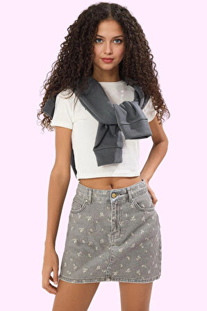 Kız Çocuk Pamuk Denim Mini Balon Etek Casual Yaz Çiçek Desenli Günlük Kullanım Özel Günler