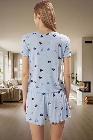 Kalpli Desenli Pijama Takımı Yumuşak Örme Kumaş Lastikli Şort 2'li Takım Premium Kalite