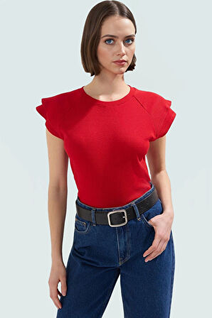 Rahat Pamuklu Bluz Bisiklet Yaka Fitted Kalıp Kısa Kollu Yüksek Kalite Kullanım