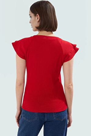 Rahat Pamuklu Bluz Bisiklet Yaka Fitted Kalıp Kısa Kollu Yüksek Kalite Kullanım