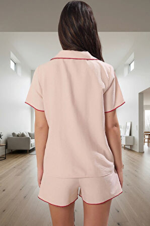 Yazlık Pijama Takımı Crinkle Saten Kumaş ve Kiraz Nakış Detayları Profesyonel Görünüm