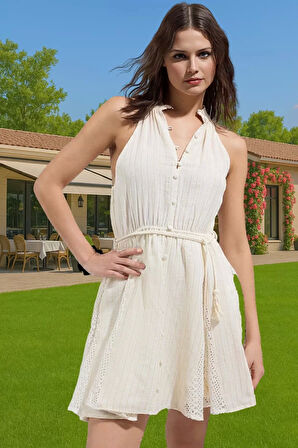 Şık Kadın Mini Elbise Müslin Kumaşlı Yazlık Plaj Dayanıklı Malzeme Seçkin Malzeme Zarifane Tasarım