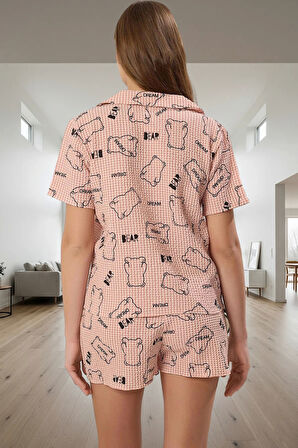 2'li Ayıcıklı Gömlek Şort Pijama Takımı Yazlık Gofre Dokuma Günlük Kullanım İçin