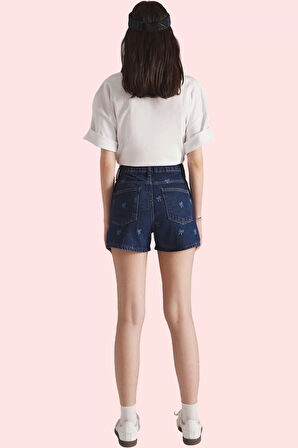 Kadın Baskılı Desenli Denim Şort Yüksek Bel Straight Kalıp Pamuk Yazlık Yaz Aylarının Vazgeçilmezi