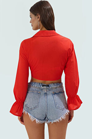 Plaj için Örme Bluz %100 Pamuk Crop Kesim Gömlek Yaka Uzun Ömürlü Özenle Seçilmiş