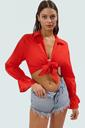 Plaj için Örme Bluz %100 Pamuk Crop Kesim Gömlek Yaka Uzun Ömürlü Özenle Seçilmiş