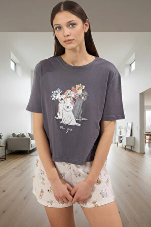 Evde Rahatlık İçin %100 Pamuklu Köpek Desenli Pijama Takımı Zarifane Tasarım Trend