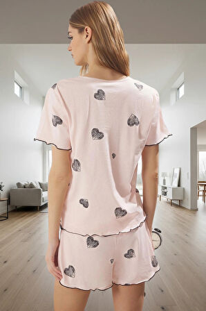 Pamuklu Rahat Kalıp Pijama Takımı Kalpli Desenli Yazlık Homewear Profesyonel Görünüm
