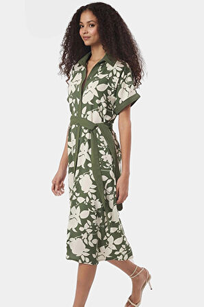 Dokuma Viskoz Gömlek Elbise Çiçek Desenli Midi Boy Trend Tasarım Rahat Kullanım Modern Stil
