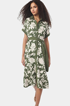 Dokuma Viskoz Gömlek Elbise Çiçek Desenli Midi Boy Trend Tasarım Rahat Kullanım Modern Stil