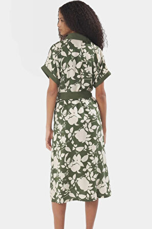 Dokuma Viskoz Gömlek Elbise Çiçek Desenli Midi Boy Trend Tasarım Rahat Kullanım Modern Stil