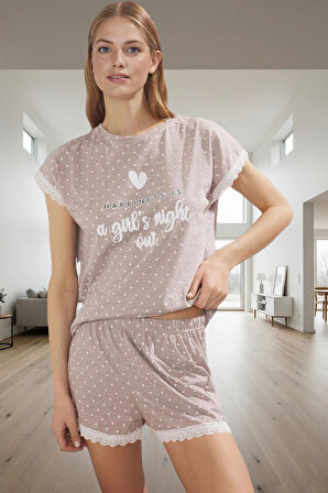 Rahat Pamuklu Pijama Takımı Puantiyeli Dantel Detaylı Yazlık Yüksek Kalite Konforlu Kesim