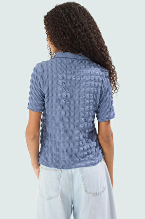 Fitted Polo Yaka Kısa Kollu Gofre Örme Bluz Yazlık Casual Kombinler İçin Konforlu Kesim