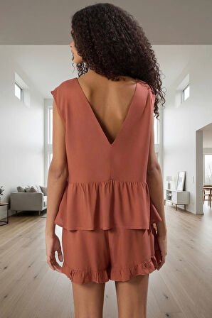 Yazlık Şortlu Pijama Takımı 100% Viskon Renk Fırfırlı Tasarım Konforlu Kesim Şık Görünüm