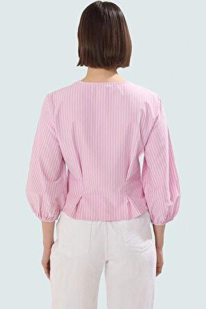 V Yaka Bluz Terrycotton Kumaş Fitted Kalıp Çizgili Günlük Kaliteli İşçilik Şık Görünüm