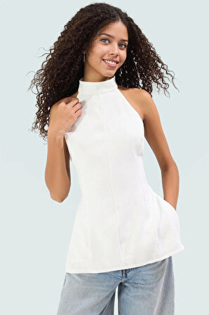 Yazlık Nefes Alan Polyester Elastan Bluz Dik Yaka Fitted Kolsuz Mükemmel Uyum