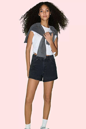 Kadın Pamuklu Denim Şort City Kalıp Kısa Boy Yüksek Bel Geniş Paça Rahat Dayanıklı Malzeme