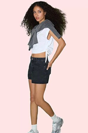 Kadın Pamuklu Denim Şort City Kalıp Kısa Boy Yüksek Bel Geniş Paça Rahat Dayanıklı Malzeme