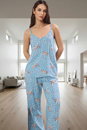 100% Viskoz Dokuma Pijama Takımı Renk Hayvan Desenli Regular Kalıp Özel Tasarım