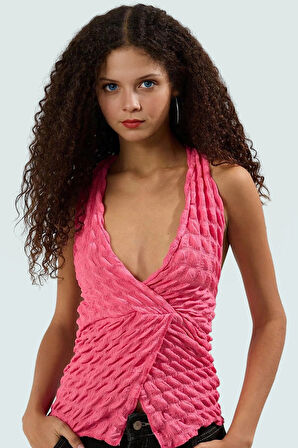 Asimetrik Boyundan Bağlamalı Bluz Örme Kumaş Fitted Kalıp Yazlık Konforlu Kesim