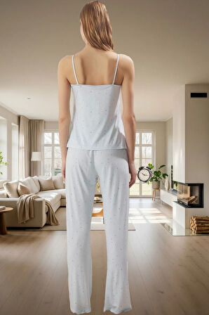 İnce Askılı Örme Pijama Takımı; Viskoz Kumaş Çiçek Desenli Ev Giyim Rahat Kalıp Trend Tasarım