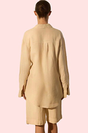 Kadın Dokuma Keten Gömlek; Uzun Kollu Dik Yaka Regular Günlük Şıklık Yaz Aylarının Vazgeçilmezi