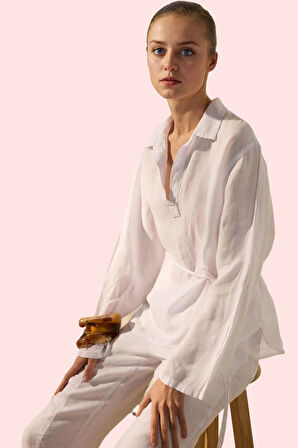 Kadın Dokuma Keten Gömlek Regular Kalıp Dik Yaka Günlük Kombinler Yaz Aylarının Vazgeçilmezi