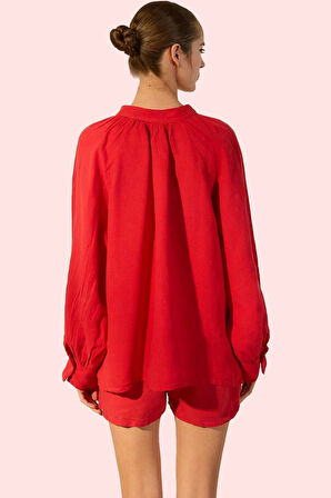 Kadın Yazlık Keten Gömlek Regular Kalıp Dik Yaka Günlük Hafta Sonu Yaz Aylarının Vazgeçilmezi