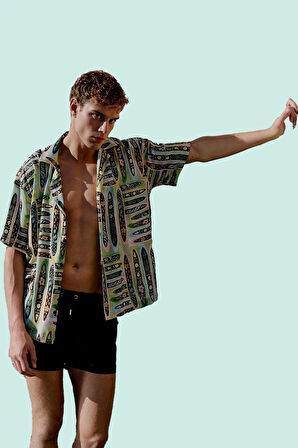 Erkek Shally Dokuma Viskoz Kumaş Apaş Yaka Kısa Kollu Çok Gömlek Yazlık Casual Günlük Kullanım