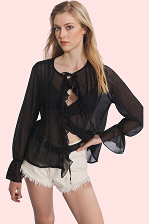 Kadın Yoryo Şifon Gömlek Fırfır Detaylı İspanyol Kol Günlük Kullanım İçin Rahatlık Hafta Sonu