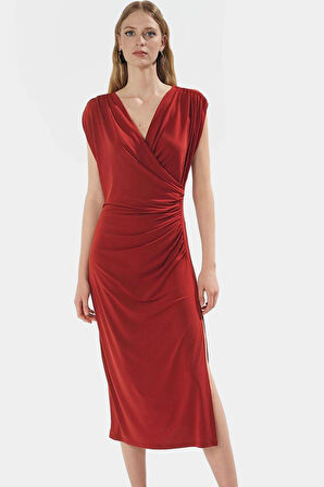 Kruvaze Midi Elbise 96% Polyester 4% Elastan 120 cm Boy Bodycon Özel Tasarım Rahat Ve Şık