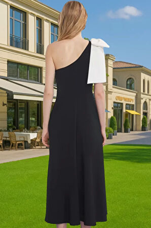 Renk Bloklu Fiyonklu Tek Omuzlu Abiye Elbise Polyester Elastan Yazlık Elbise Kaliteli İşçilik