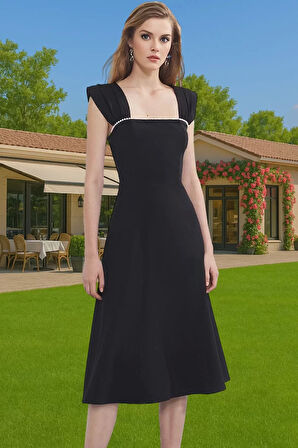 Yazlık Midi Boy İnci Detaylı Abiye Elbise Polyester Elastan Kumaş Modern Stil Uzun Ömürlü