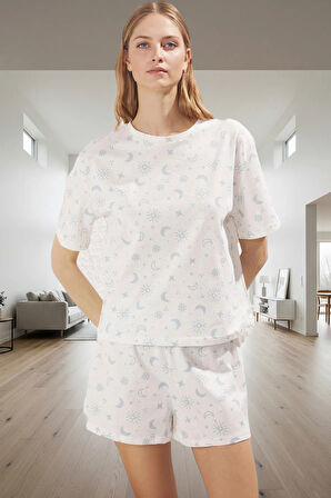 Homewear Koleksiyonu Rahat Nefes Alan %100 Pamuklu Galaksi Desenli Kadın Pijama Takımı
