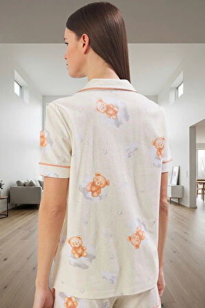 Yazlık Biyeli Şortlu Pamuklu Pijama Takımı Ayıcık Desenli Zarifane Tasarım Trend