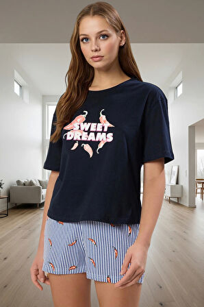 Homewear %100 Pamuk 2'li Pijama Takımı Biber Desenli Şort ve Tişört Modern Stil Rahat Şık