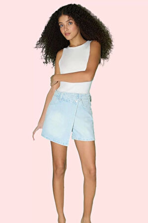 Kadın Pamuk Düz Desenli Denim Şort Etek Geniş Paça Yüksek Bel Yazlık Yaz Aylarının Vazgeçilmezi