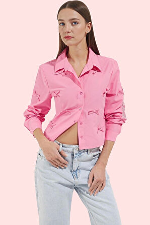 Kadın Basic Şık Fiyonklu Detaylı Gömlek Terrycotton Kumaş Günlük Kullanım Kaliteli Malzeme