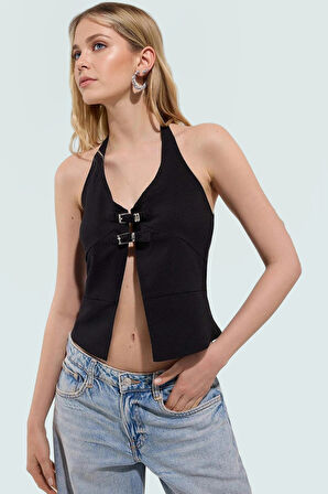 Crop Bluz V Yaka Kolsuz Fitted Polyester Elastan Karışım Trend Tasarım Özel