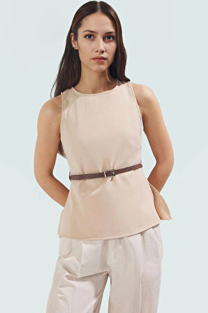 Şık Slim Fit Bluz Bisiklet Yaka Kemer Detay Finike Dokuma Zarifane Tasarım Konforlu Kesim