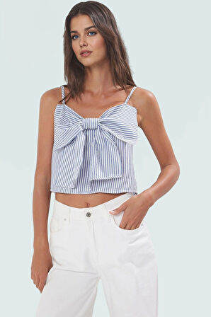 Fiyonklu Çizgili Dokuma Bluz Kolsuz Kare Yaka Yazlık Rahat Kullanım Konforlu Kesim