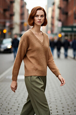 Kadın Günlük Kombinler İçin Rahat Oversize Triko V Yaka Düşük Kol Kışlık Kazak Kaliteli Şık